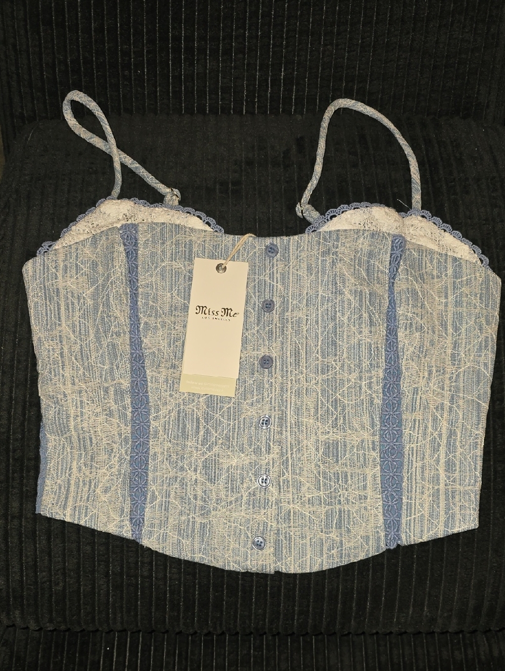 Miss Me Light Blue Lace-Trim Button Crop Top